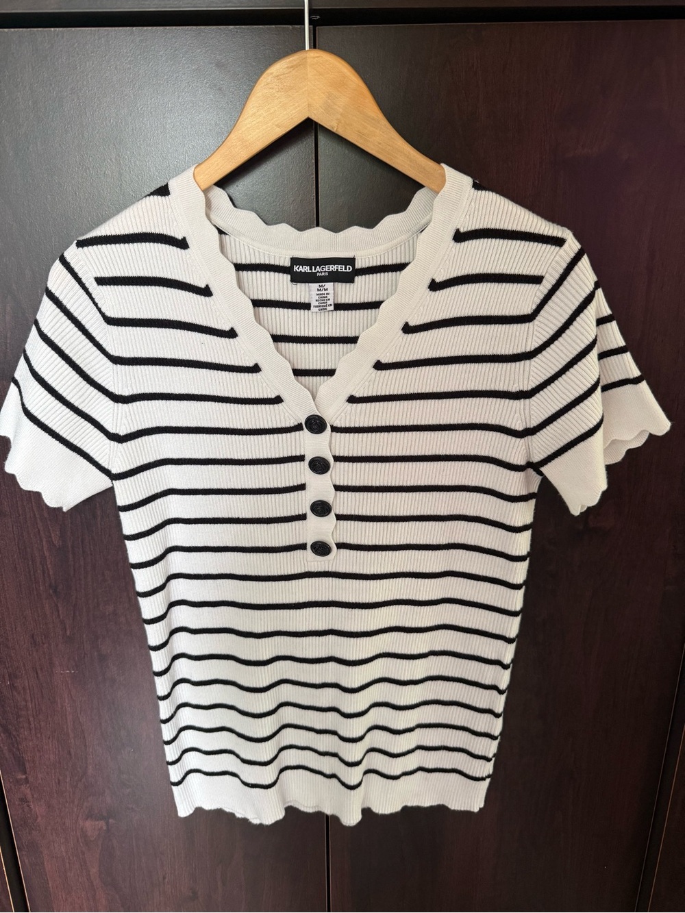 Karl Lagerfeld White & Black Striped Short Sleeve Knit Top - Size M